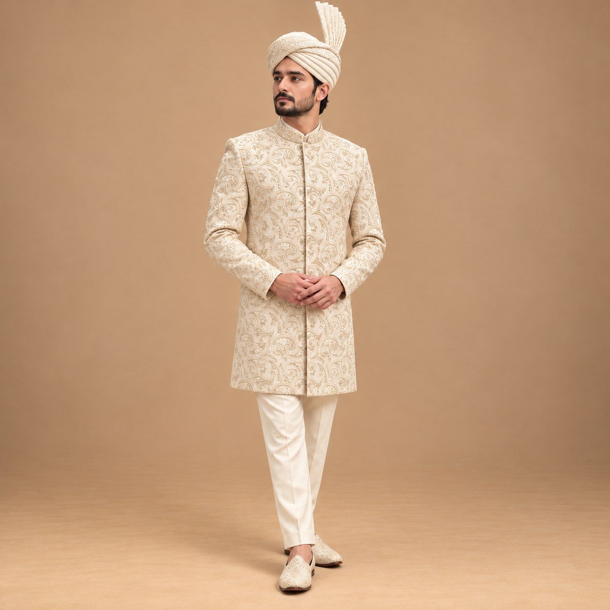 Premium Vanilla White Groom Sherwani with Intricate Embroidery & Hand Embellishment