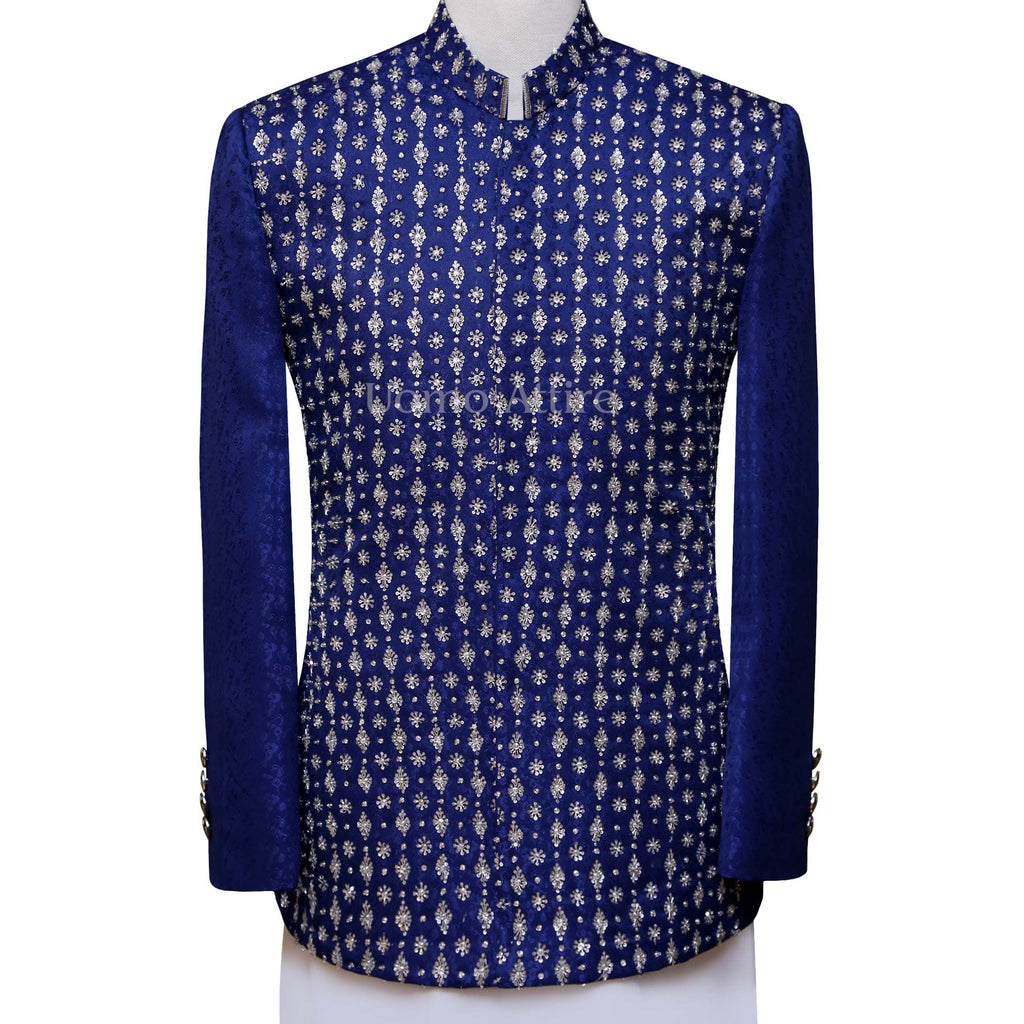fully silver embellished sharp blue prince coat