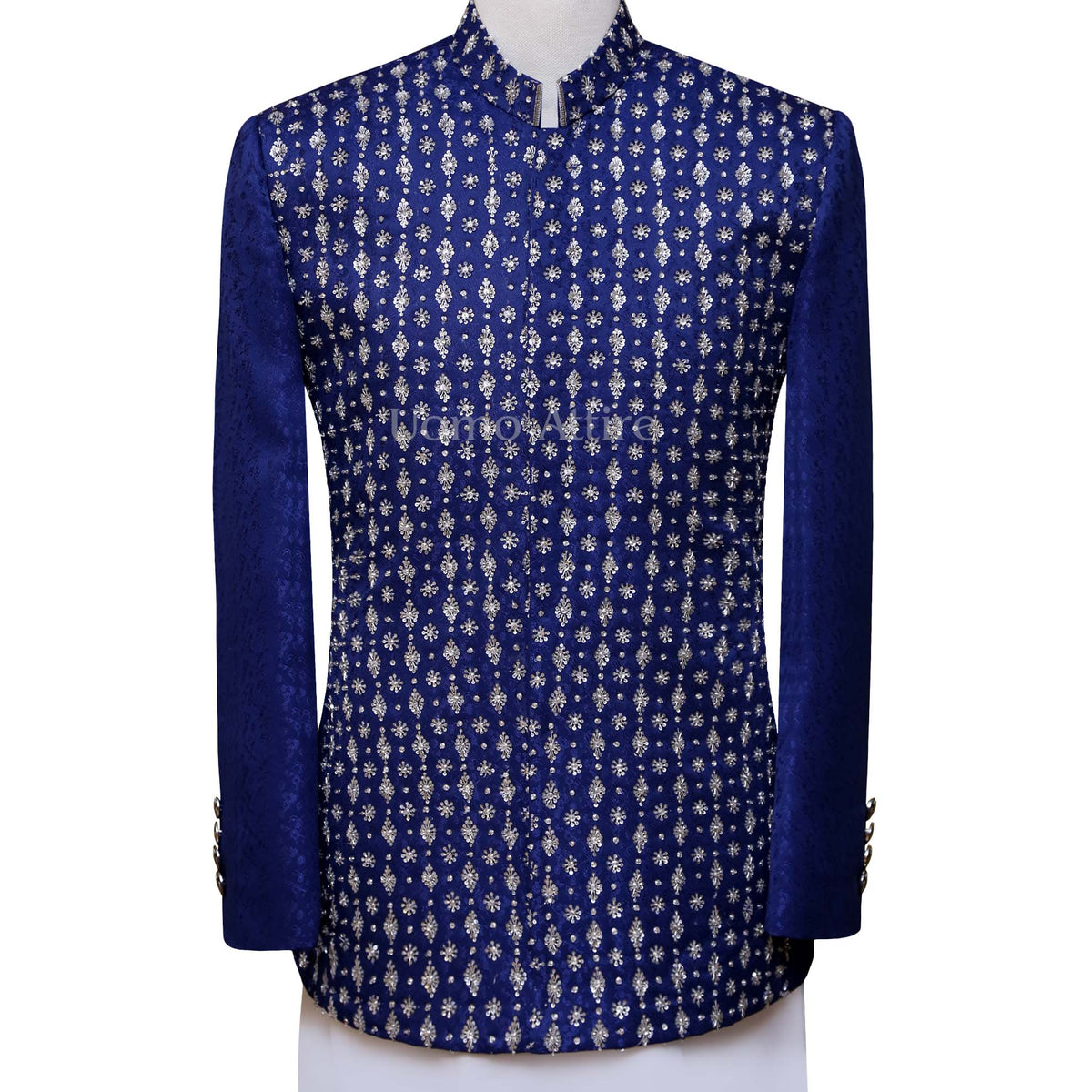 fully silver embellished sharp blue prince coat