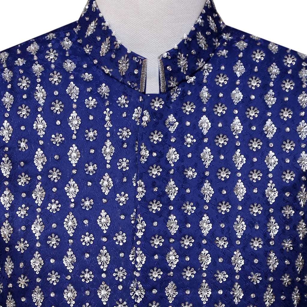 fully silver embellished sharp blue prince coatfully silver embellished sharp blue prince coat