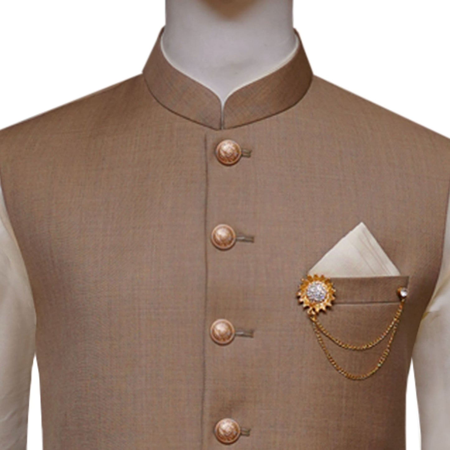 
                  
                    A lightweight golden waistcoat for gentlemen with golden brass buttons and white pocket square | Waistcoat
                  
                