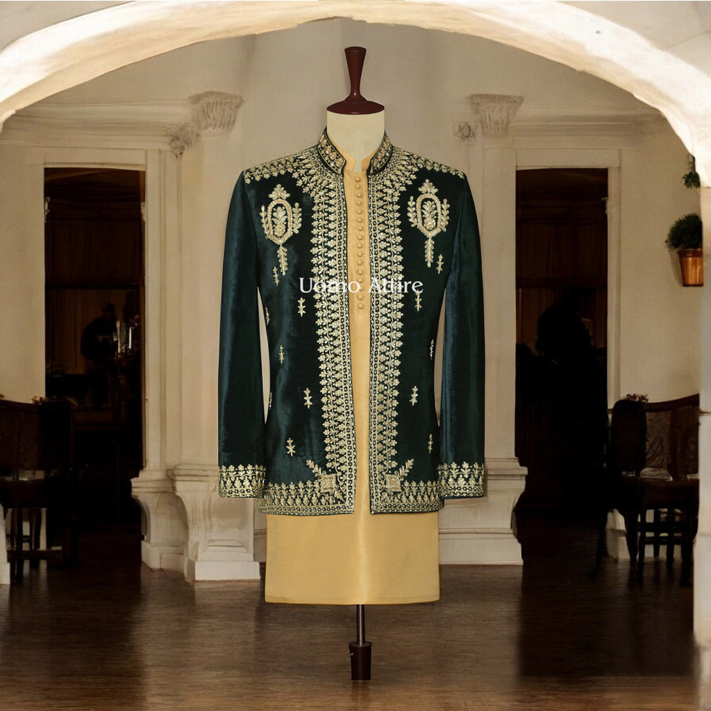 Luxury Green Velvet Prince Coat with Golden Embellishment For Men's