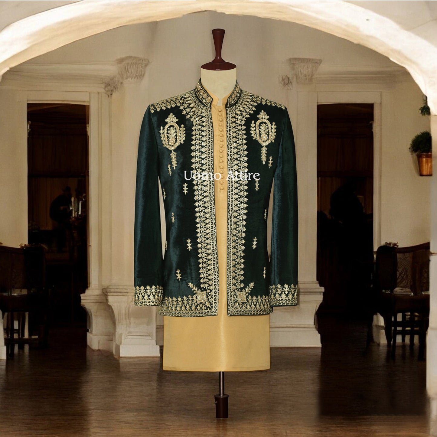 
                  
                    Luxury Green Velvet Prince Coat with Golden Embellishment For Men's
                  
                