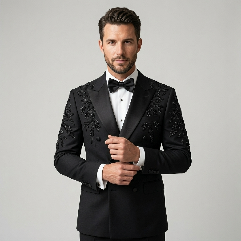 Man wearing a black tuxedo with floral embroidery on a gray background | Bespoke Black Double Breasted Tuxedo Jacket with Leaf Embroidery