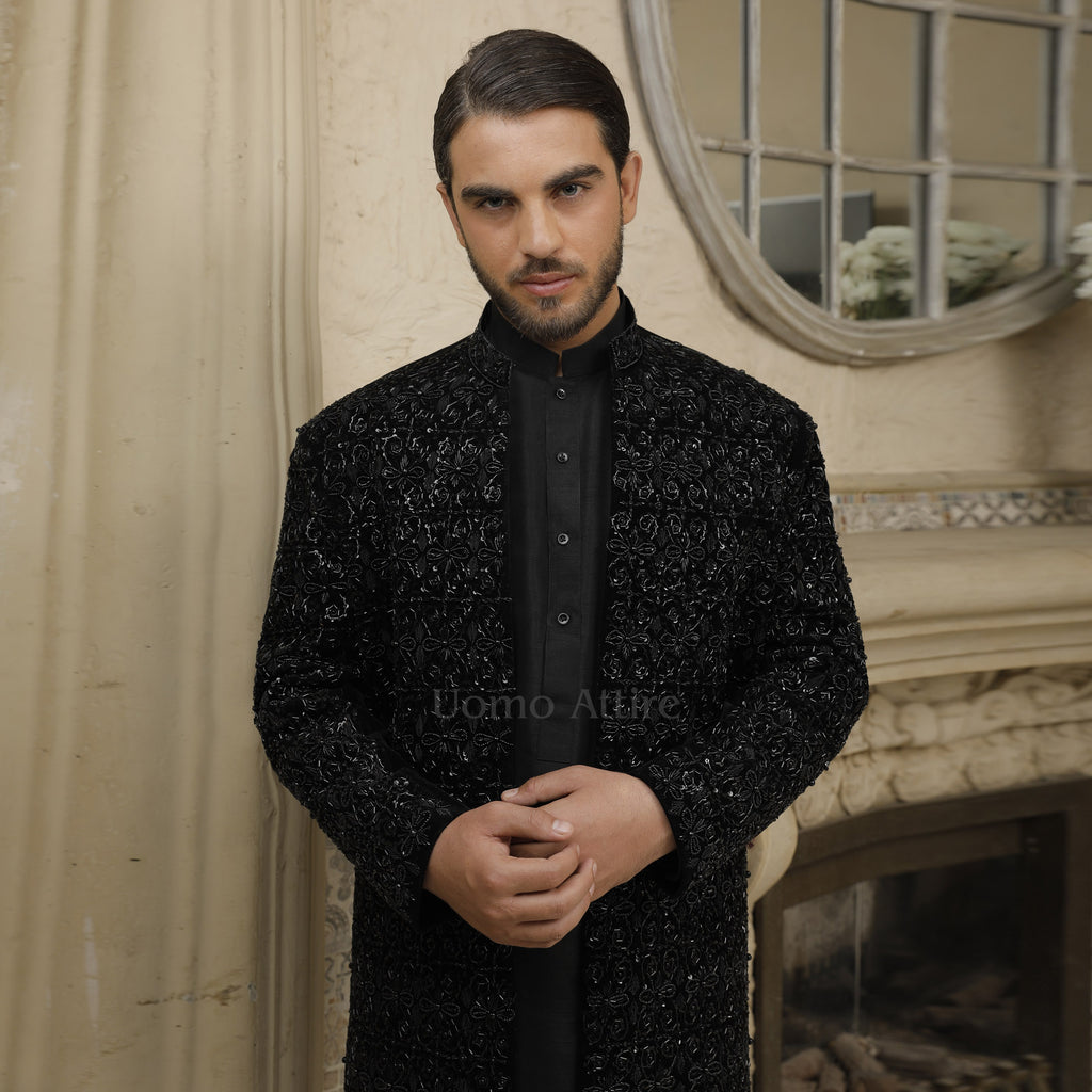 Jet Black Customized Open Front Fully Hand-Embellished Sherwani for Groom