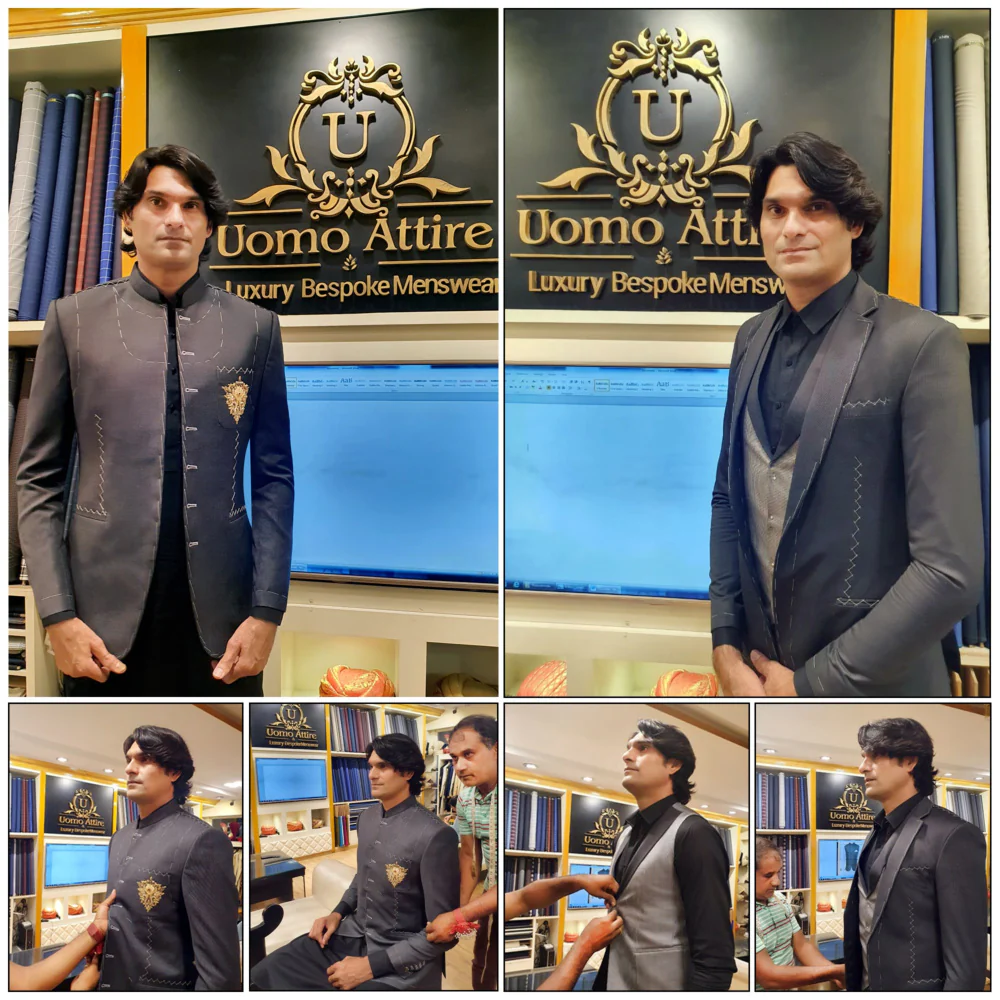 Men's Luxury Charcoal Grey Embroidered 3-Piece Suit (Worn by Pakistani Cricketer Muhammad Irfan)