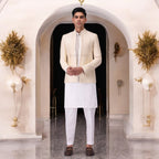 Ivory Embroidered Open Front Prince Coat with White Kurta Set