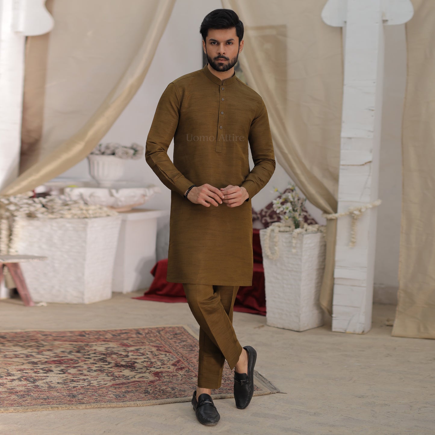 
                  
                    Mehendi Colour Raw Silk Kurta Pajama for Mens
                  
                