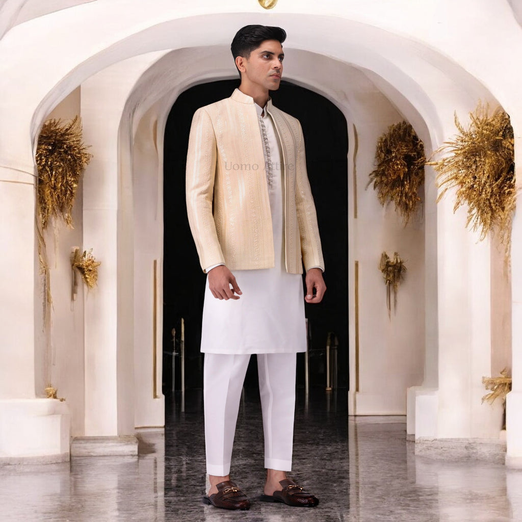 Ivory Embroidered Open Front Prince Coat with White Kurta Set
