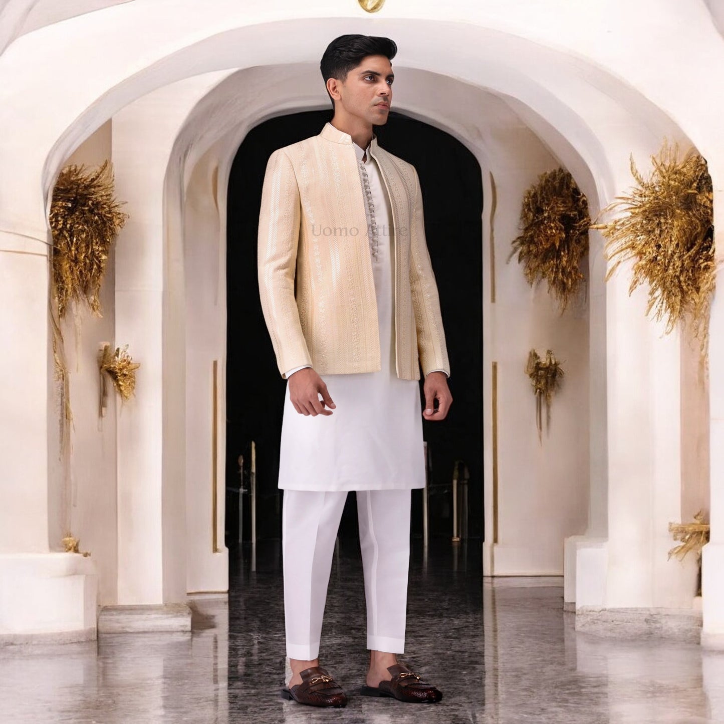 
                  
                    Ivory Embroidered Open Front Prince Coat with White Kurta Set
                  
                