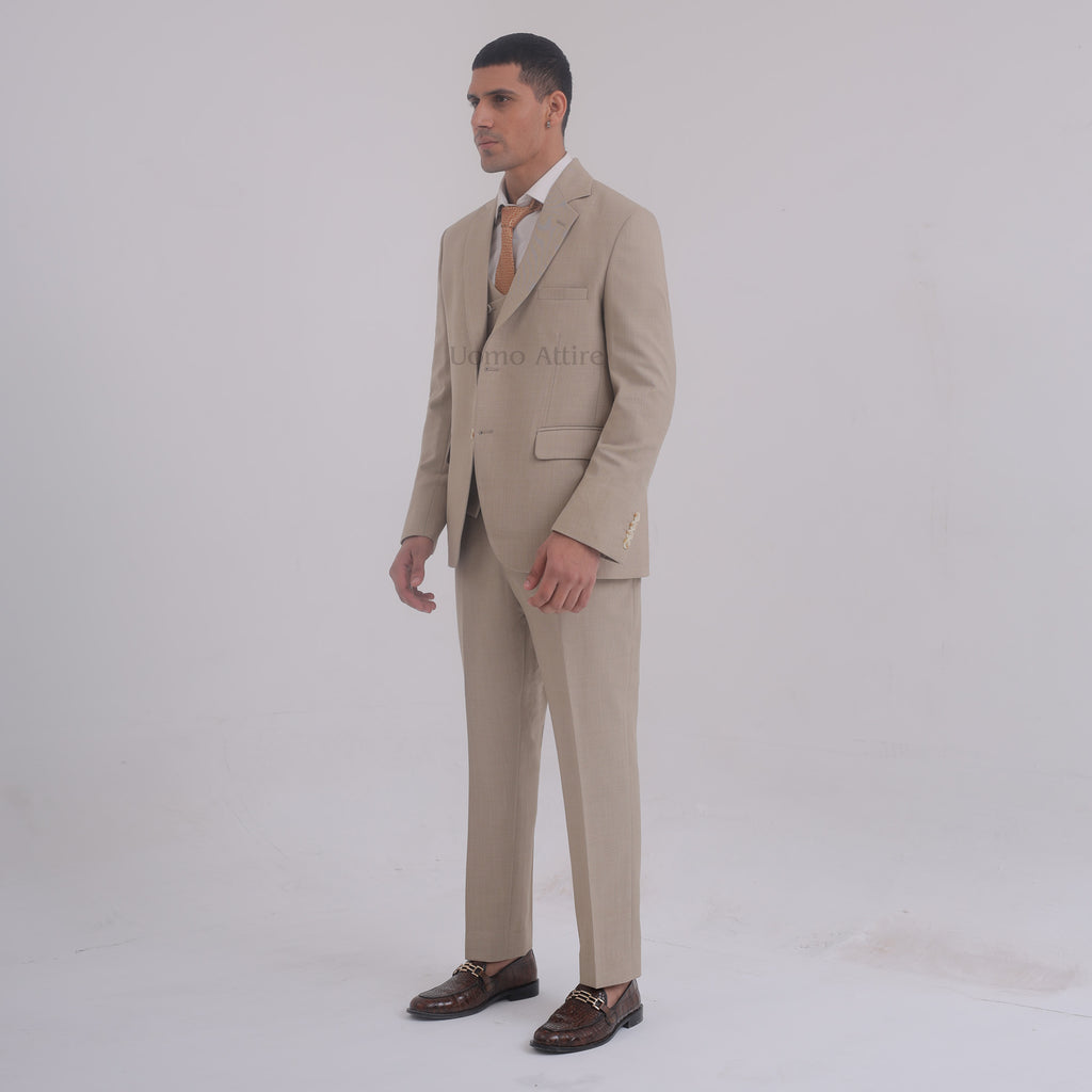Beige Custom-Made Men's Three-Piece Suit