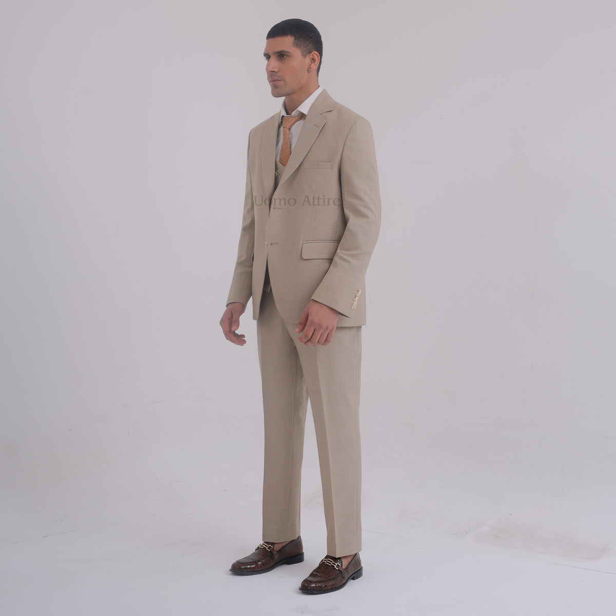 Beige Custom-Made Men's Three-Piece Suit