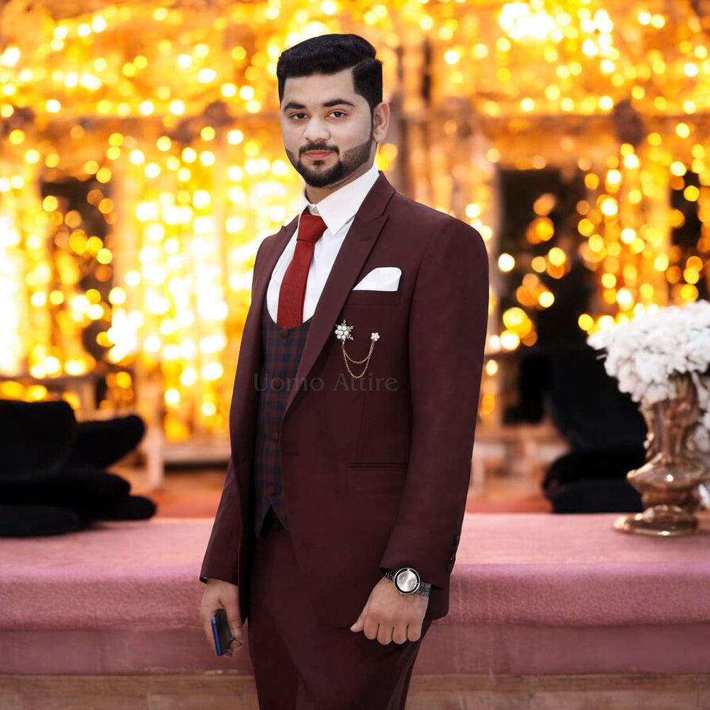 Luxurious Maroon 3-Piece Suit with Checked Waistcoat