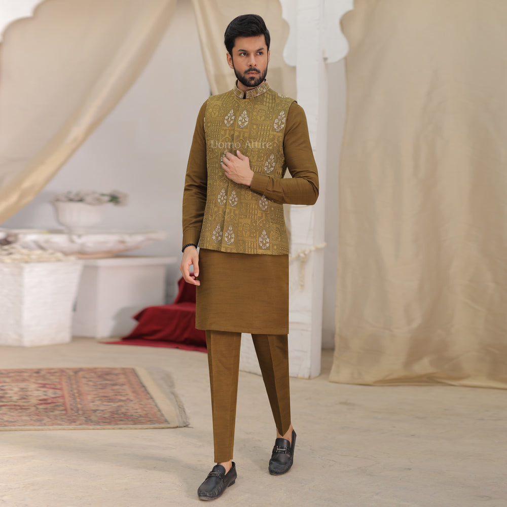 Mehndi Waistcoats for Men | Custom-made Uomo Attire Mehndi Waistcoats for Men | Custom-made Uomo Attire