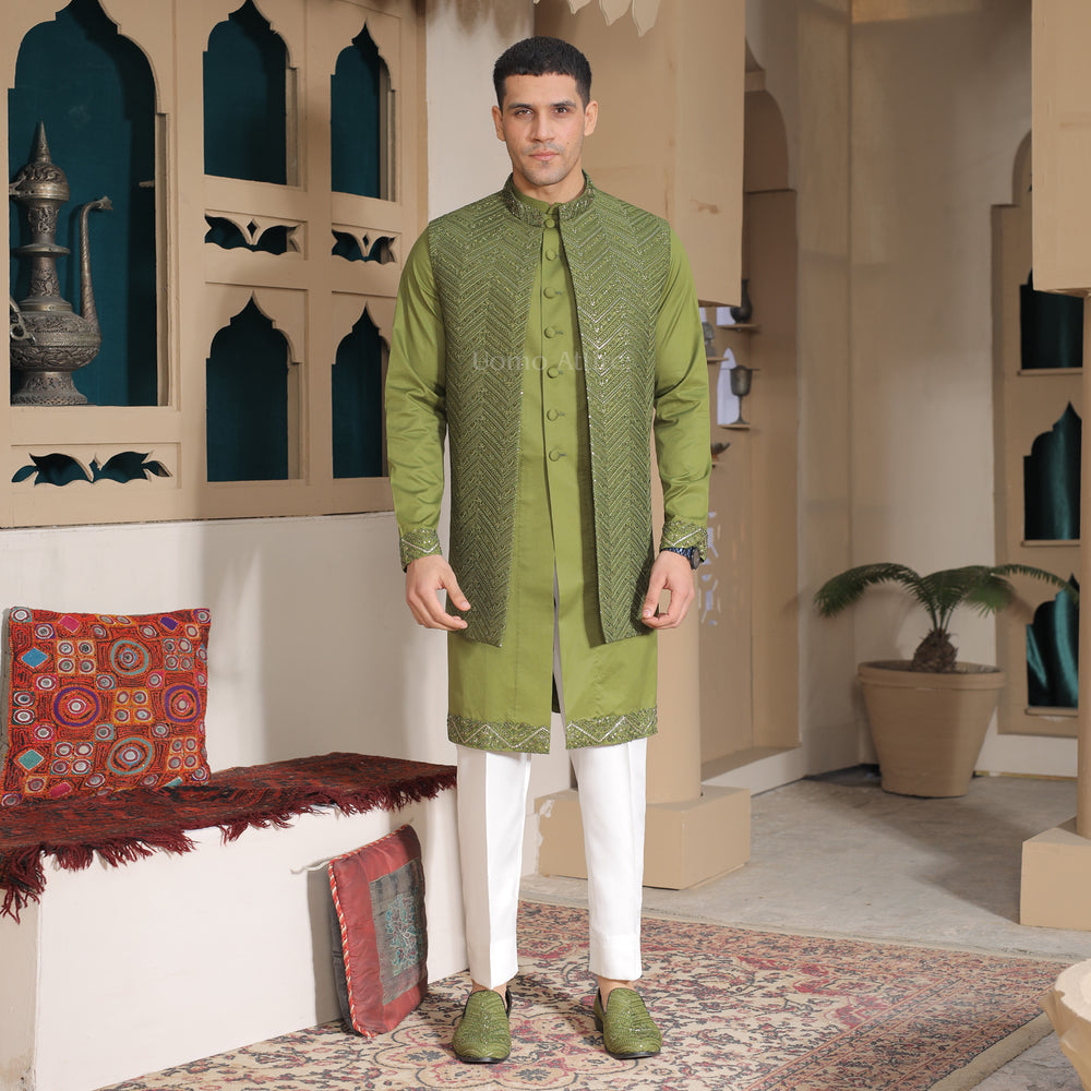 
                  
                    Luxurious Open Front Forest Green Fully Embroidered Short Sherwani for Groom
                  
                