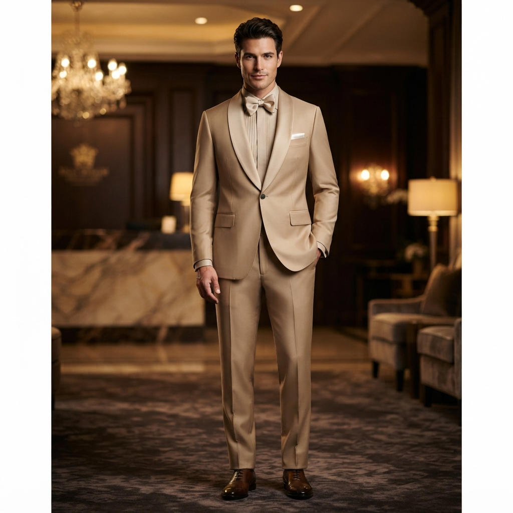 
                  
                    Men's Luxury Beige Tuxedo with Satin Shawl Collar & Pleated Shirt
                  
                