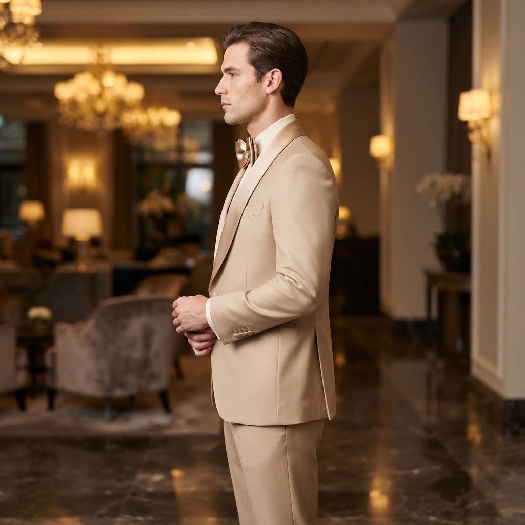 
                  
                    Men's Luxury Beige Tuxedo with Satin Shawl Collar & Pleated Shirt
                  
                