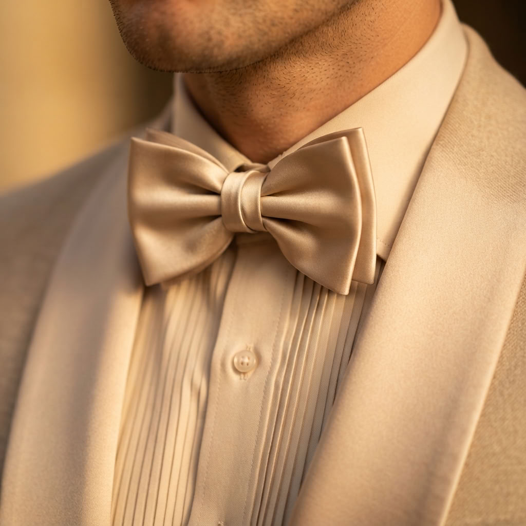 
                  
                    Men's Luxury Beige Tuxedo with Satin Shawl Collar & Pleated Shirt
                  
                
