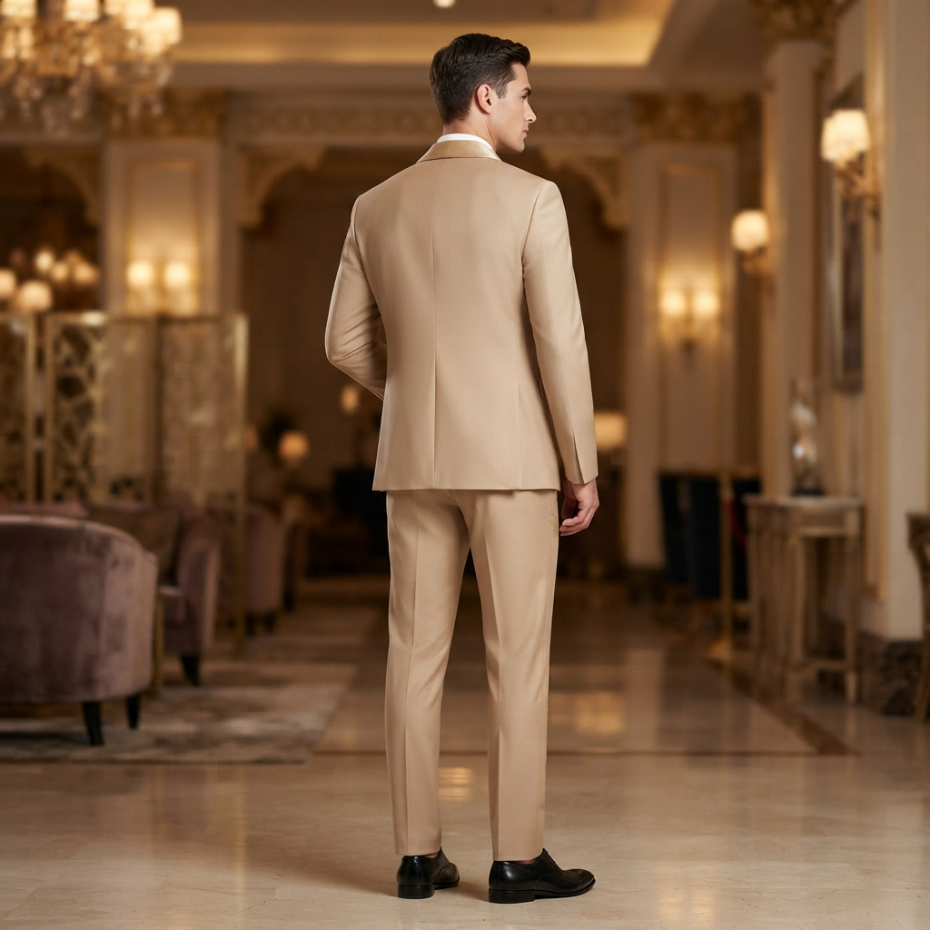
                  
                    Men's Luxury Beige Tuxedo with Satin Shawl Collar & Pleated Shirt
                  
                
