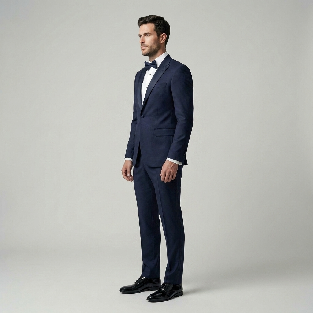 
                  
                    Men's Bespoke Navy Blue Tuxedo with Satin Lapel
                  
                