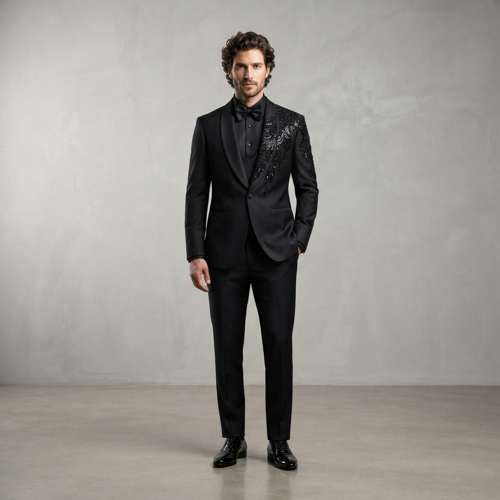 Men's Black Embellished 3-Piece Tuxedo with Beaded Lapel