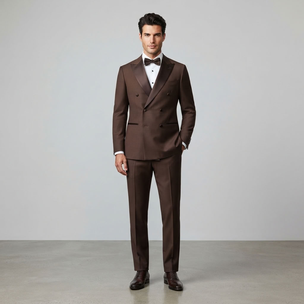
                  
                    Men's Chocolate Brown Double-Breasted Tuxedo with Satin Shawl Collar
                  
                