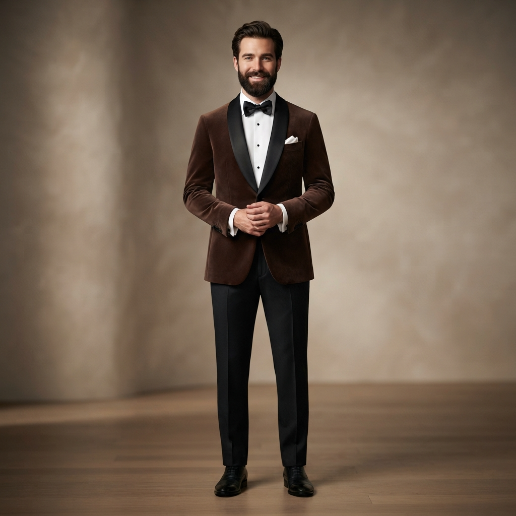 
                  
                    Custom Men's Brown Tuxedo Jacket with Black Satin Lapel
                  
                