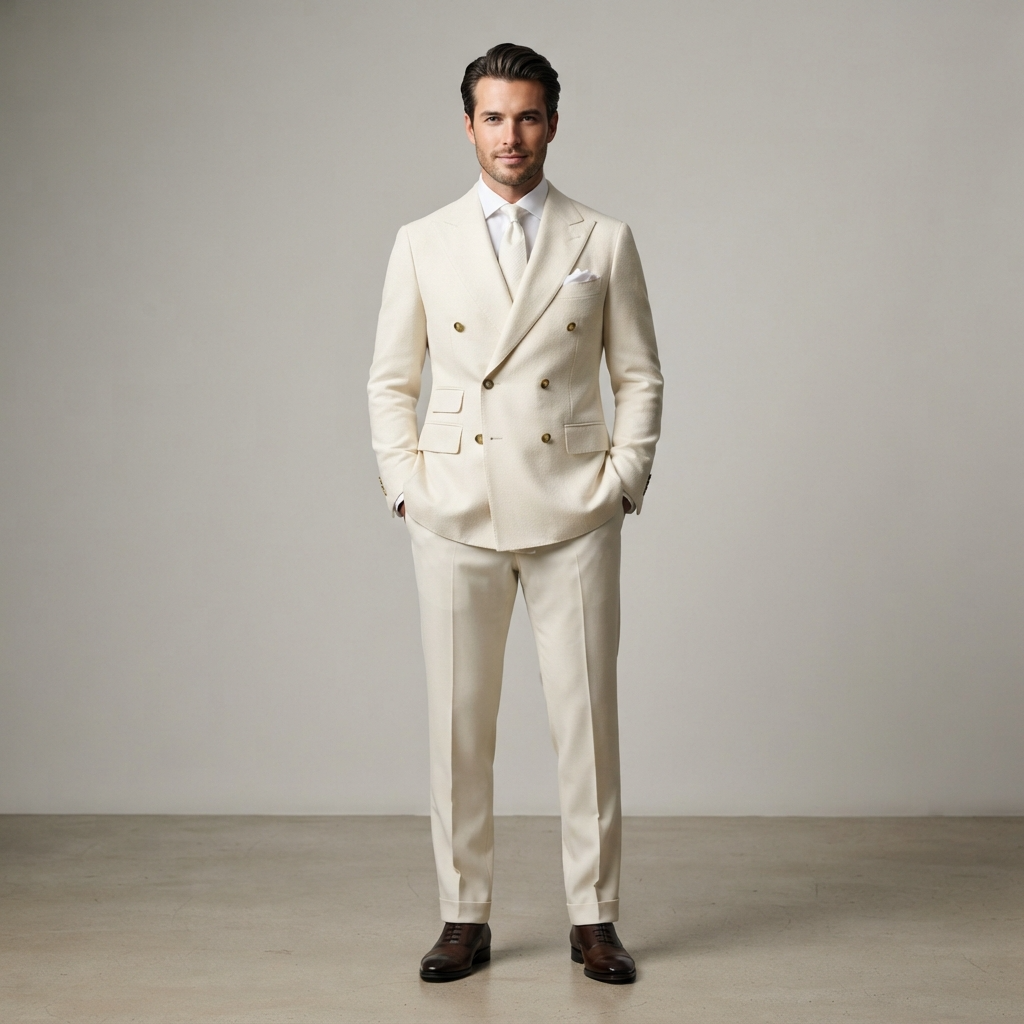 Men's Double-Breasted Ivory Tuxedo Jacket with Peak Lapels