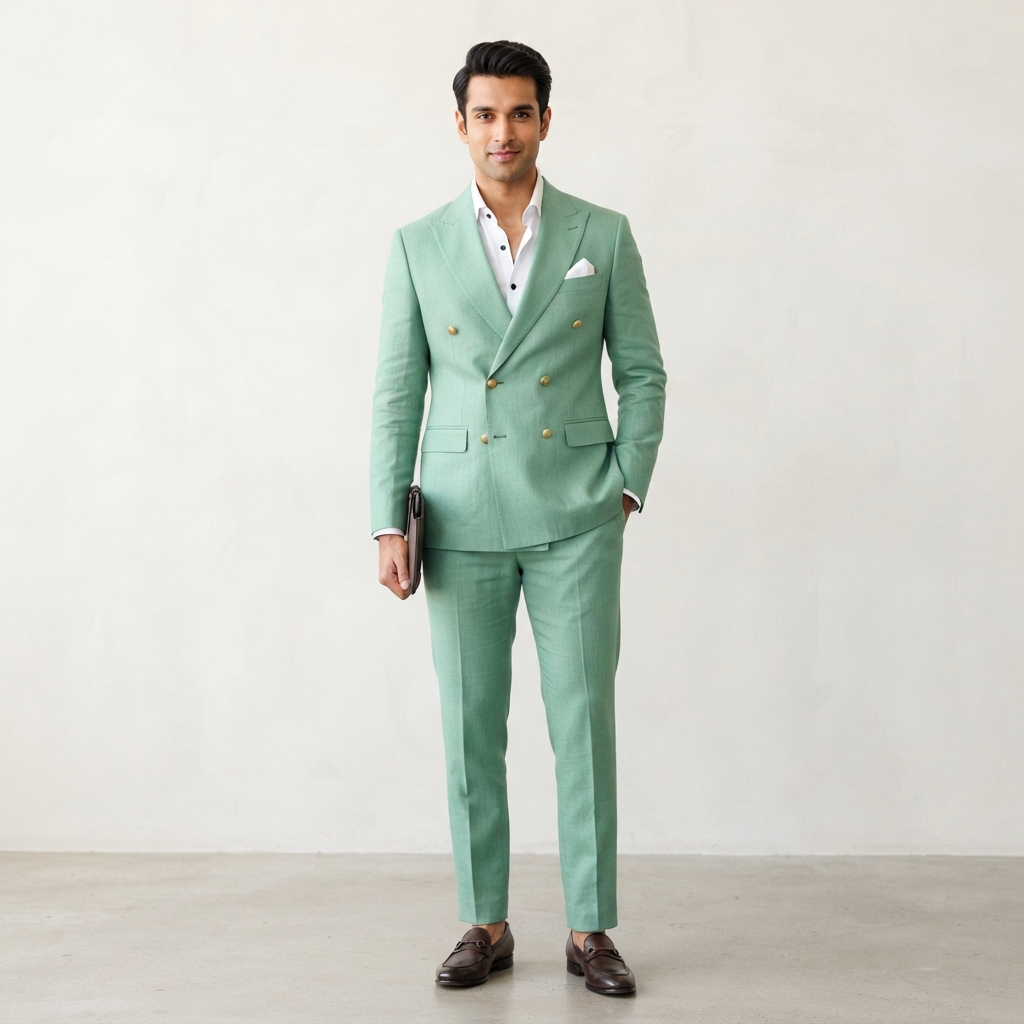 
                  
                    Men's Mint Green Double-Breasted Linen Suit with Gold Buttons
                  
                
