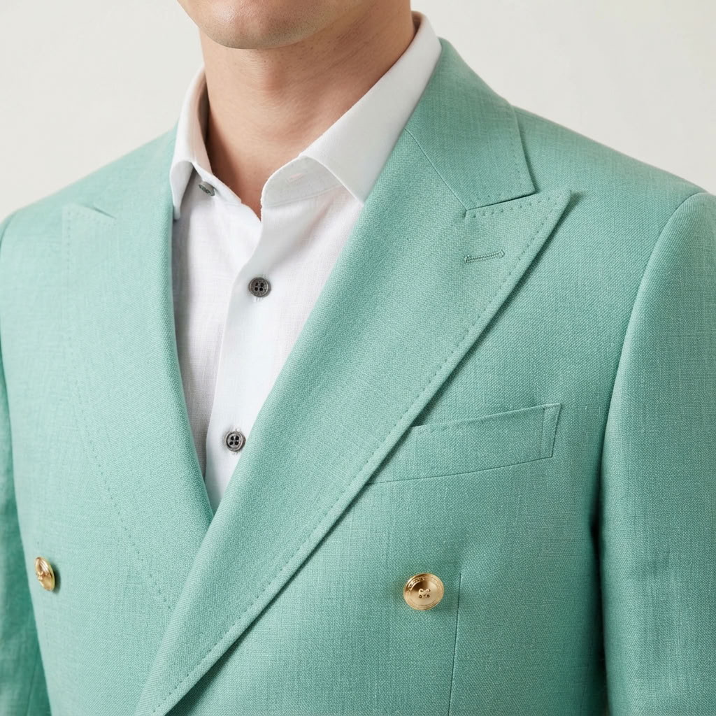 
                  
                    Men's Mint Green Double-Breasted Linen Suit with Gold Buttons
                  
                