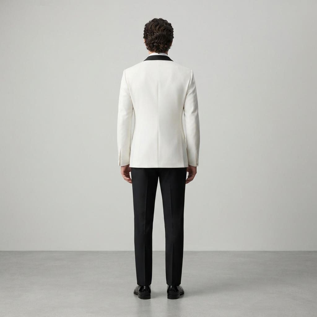
                  
                    Men's White Double-Breasted Tuxedo with Black Satin Peak Lapels
                  
                