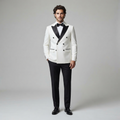 Men's White Double-Breasted Tuxedo with Black Satin Peak Lapels