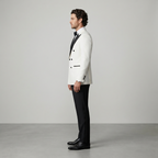 Men's White Double-Breasted Tuxedo with Black Satin Peak Lapels