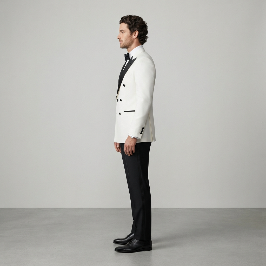 
                  
                    Men's White Double-Breasted Tuxedo with Black Satin Peak Lapels
                  
                