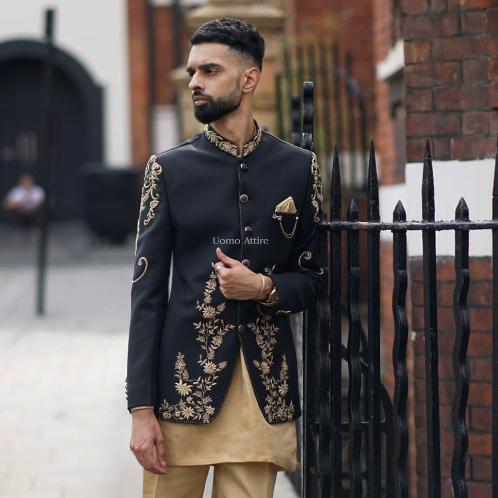 Luxury Mens Designer Black Prince Coat with Kurta Pajama
