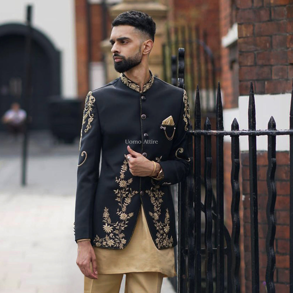Luxury Mens Black Prince Coat with Kurta Pajama – Uomo Attire