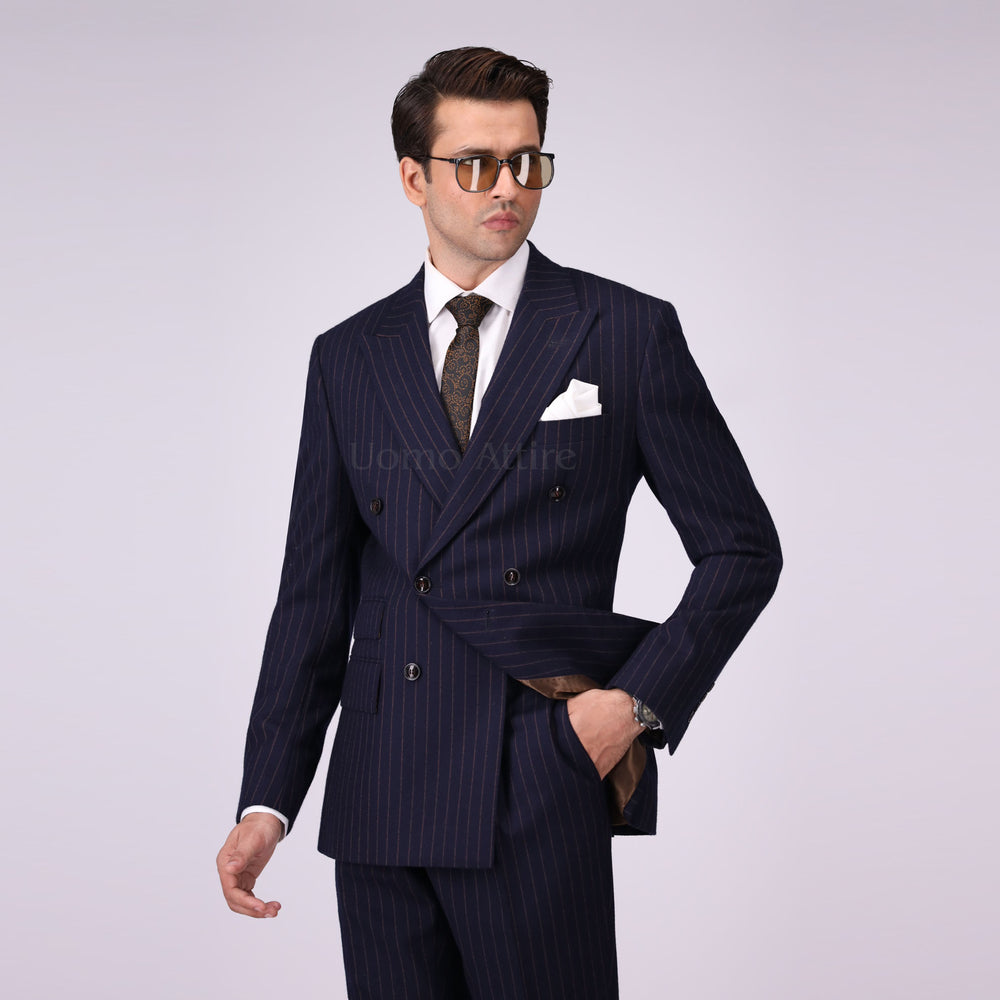 Iconic Italian Navy Blue Wool Formal Two Piece Suit For Mens