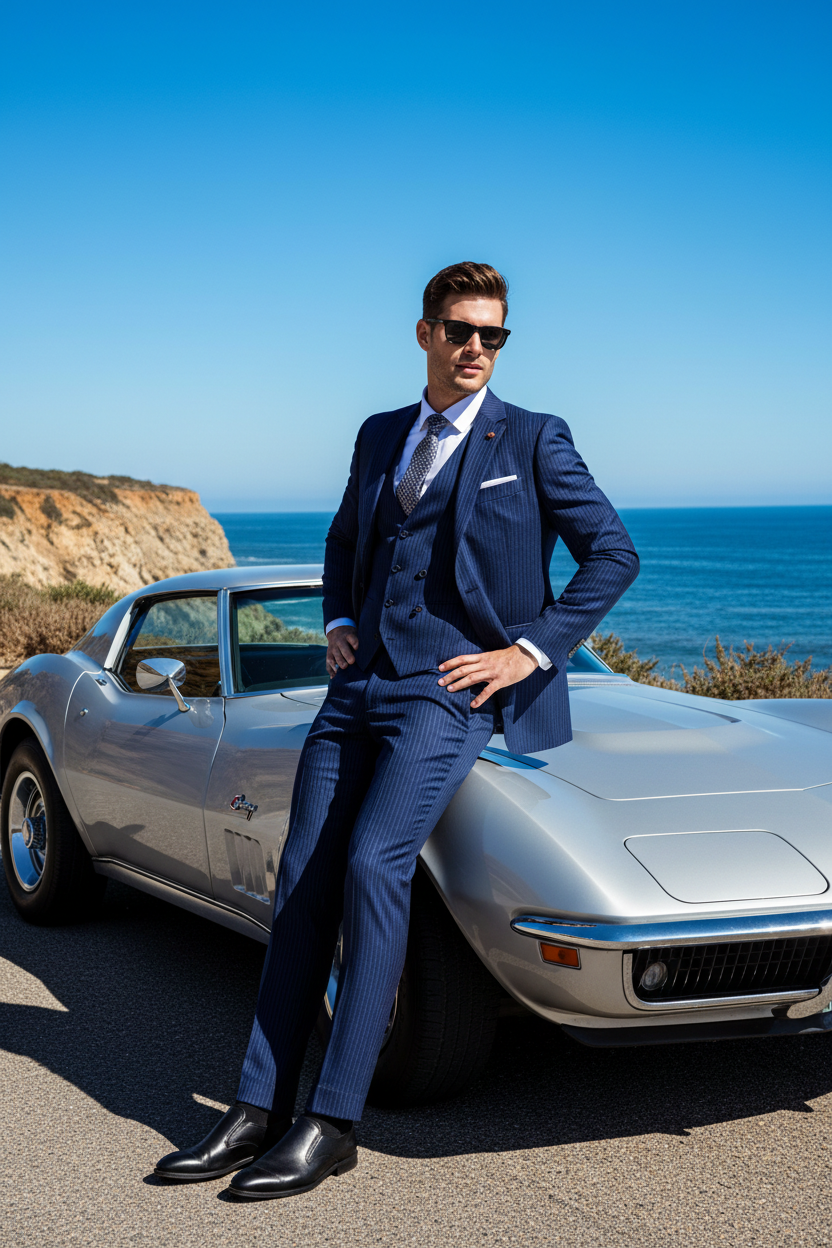 A man in a navy blue three-piece suit with a white shirt and sunglasses leans against a silver classic sports car on a coastal road with the ocean and cliffs in the background.