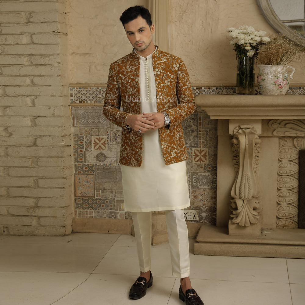 Custom-Made Fully Embroidered Open Front Prince Coat for Groom