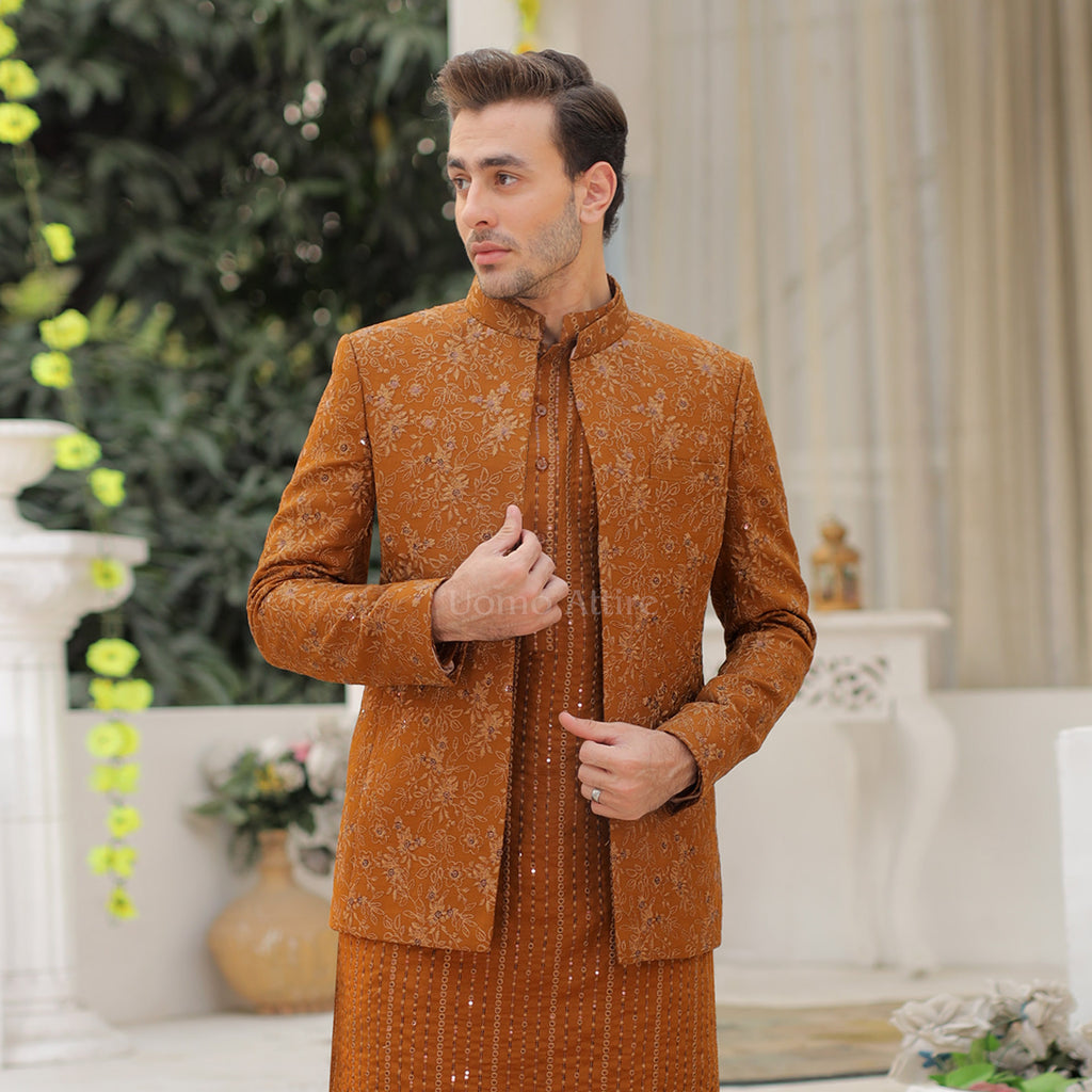 Handcrafted Floral Embroidered Open Front Prince Coat For Groom