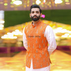 Luxury Rusty Orange Embroidered Waistcoat Set with Kurta Pajama & Matching Shoes
