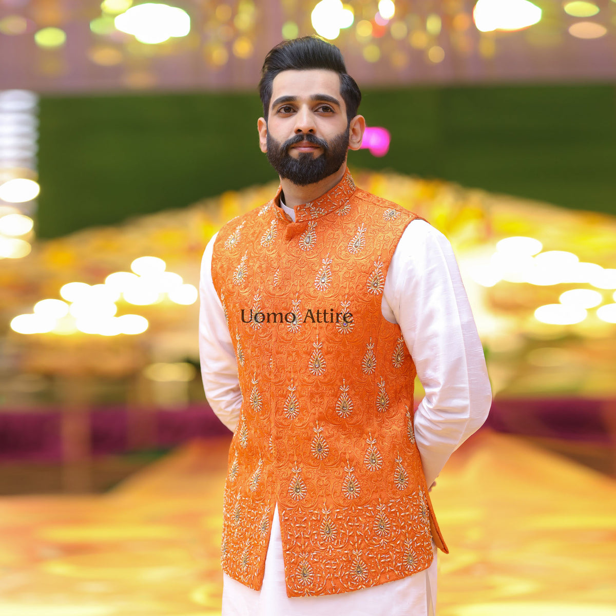 Luxury Rusty Orange Embroidered Waistcoat Set with Kurta Pajama & Matching Shoes