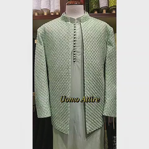 Men's Luxury Pistachio Green Embroidered Prince Coat with Matching Kurta Pajama