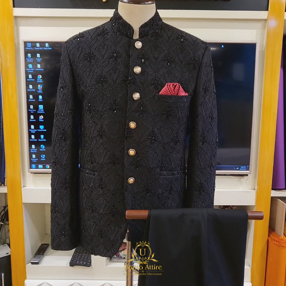 
                  
                    Charger et lire la vidéo dans la visionneuse de la Galerie, Black customized Prince Coat with fully micro black embllishement | Black prince coat for groom video
                  
                