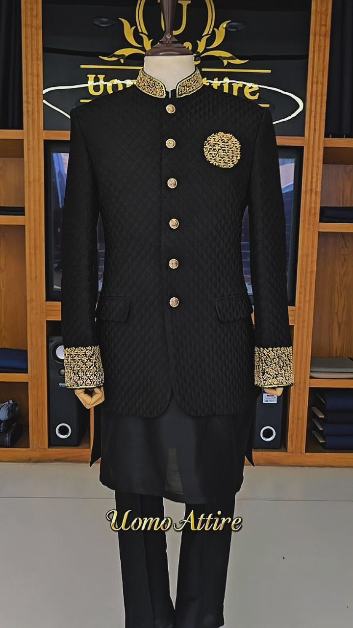 
                  
                    Load and play video in Gallery viewer, Black Pure Embroidered Prince Coat for Groom
                  
                