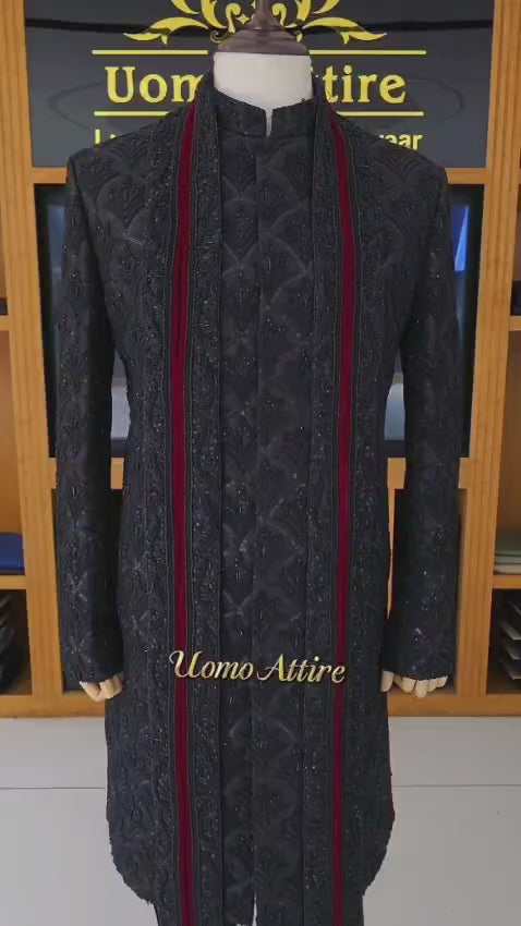 Black Embroidered Sherwani with Shawl and Hand Embellishment