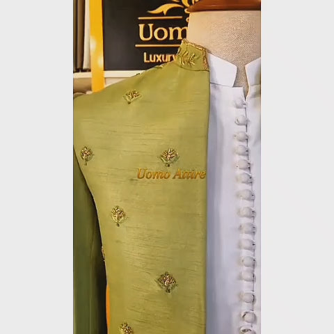 Luxury Mint Green Open-Front Prince Coat with Floral Embellishments and White Kurta Pajama Set
