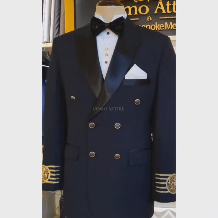 Black Double Breasted Tuxedo Suit with Satin Lapel