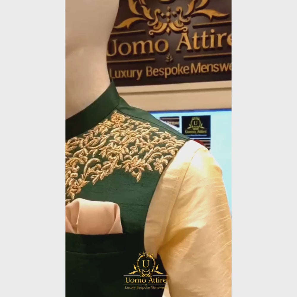 
                  
                    Load and play video in Gallery viewer, Mehndi green fully embroidered &amp;amp; embellished waistcoat, mehndi waistcoat with kurta pajama
                  
                