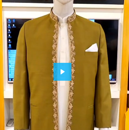 
                  
                    Load and play video in Gallery viewer, Hand-made prince coat for mehndi event | Deep green prince coat for mehndi
                  
                